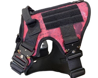 Tactical pink camouflage dog harness vest with 3 metal clips, 4 metal buckles for safety, large strong dogs, walking, training, hiking
