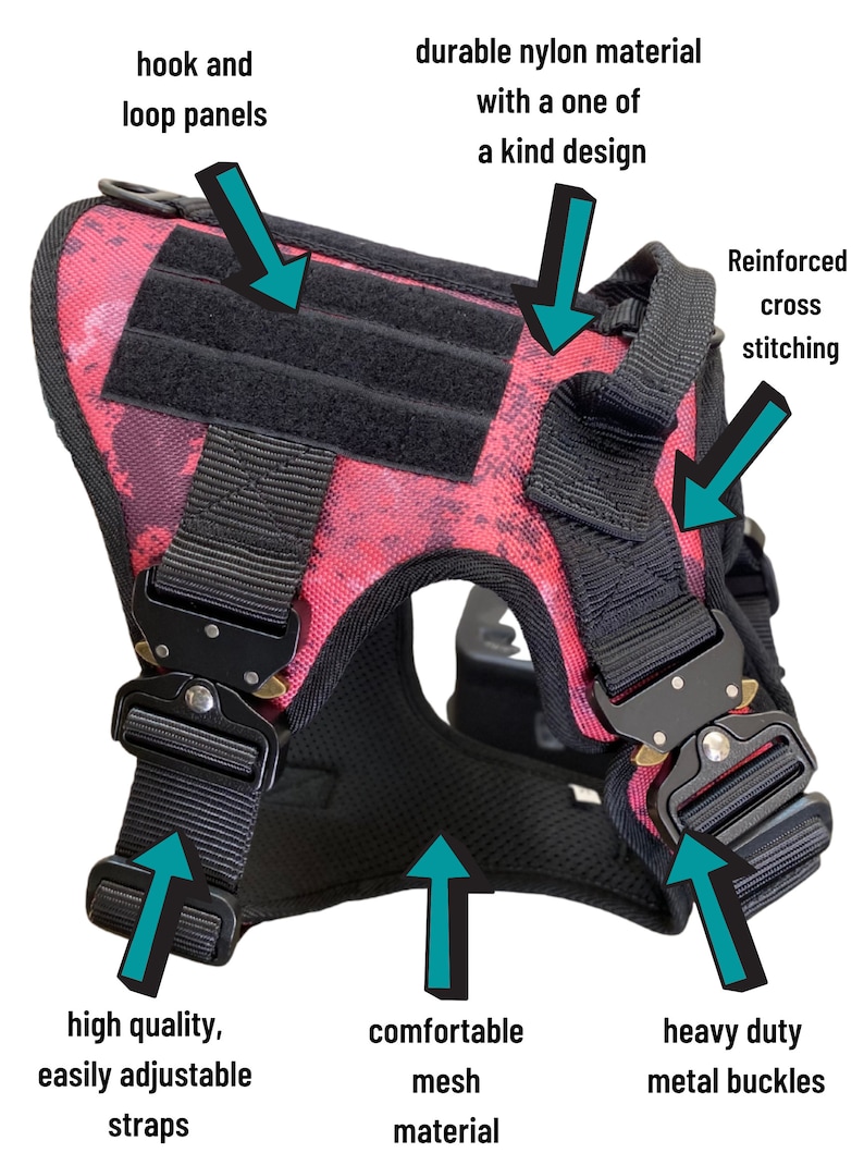 May include: A pink and black dog harness with adjustable straps, heavy-duty metal buckles, and a comfortable mesh material. The harness features hook and loop panels and reinforced cross stitching.