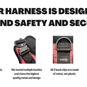 May include: A pink and black dog harness with metal buckles and a handle. The harness has reinforced stitching at stress points and metal leash clips. The text "HAIN" is printed on the harness.