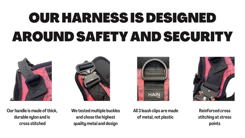 May include: A pink and black dog harness with metal buckles and a handle. The harness has reinforced stitching at stress points and metal leash clips. The text "HAIN" is printed on the harness.