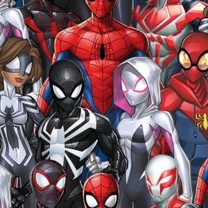 May include: A colourful illustration showcasing several Spider-Man characters in diverse costumes. The characters are in dynamic poses, with a range of colours including red, black, white, and blue. The artwork is in a comic book style.