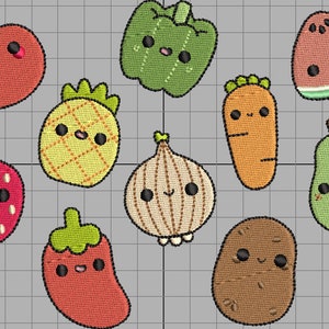 May include: Embroidered patches of various fruits and vegetables with smiling faces. Includes an apple, strawberry, pineapple, pepper, onion, carrot, watermelon, pear, chilli pepper, and potato. Each patch has a black outline on a grey grid background.