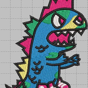 May include: Embroidered patch featuring a cartoon dinosaur with a fierce expression. The dinosaur has a blue body, green and pink accents, and is wearing pink sneakers. The design includes a crown and sharp teeth.