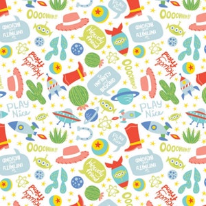 May include: A colourful seamless pattern featuring a variety of space and western themed illustrations, including stars, planets, rockets, cacti, cowboy hats, and alien spaceships. The pattern includes the text "Howdy friend", "To Infinity and Beyond", "Play Nice", and "0000HHH!!".