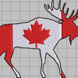 以下が含まれることがあります： カナダの国旗のデザインが描かれた、赤、白、黒のムースのシルエットです。