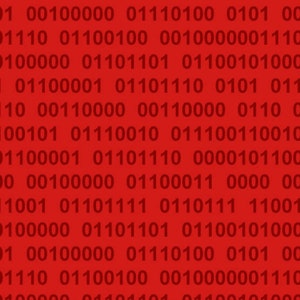 May include: A red background with a repeating pattern of white binary code. The code is in a bold font and is evenly spaced.