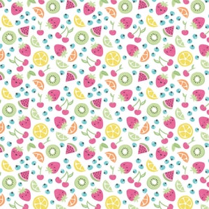May include: A seamless pattern featuring a variety of fruits, including strawberries, cherries, kiwi, watermelon, and citrus fruits. The fruits are depicted in a cartoon style with smiling faces and are arranged in a repeating pattern on a white background.