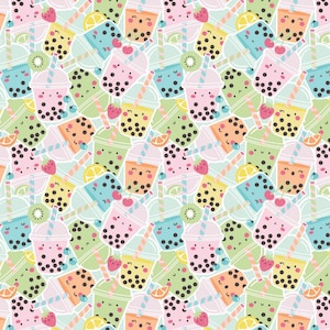 Puede incluir: Un patrón sin costuras que presenta una variedad de tazas de té de burbujas coloridas con caras lindas. Las tazas están llenas de perlas de tapioca y rodeadas de varias frutas, como fresas, limones y kiwi.