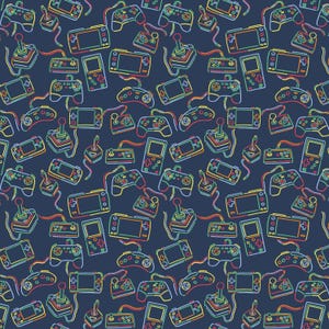 Könnte beinhalten: Ein sich wiederholendes Muster aus Retro-Videospielcontrollern und Handheld-Konsolen. Die Controller und Konsolen sind in leuchtenden Neonfarben wie Gelb, Grün, Blau und Orange auf einem dunkelblauen Hintergrund umrandet.
