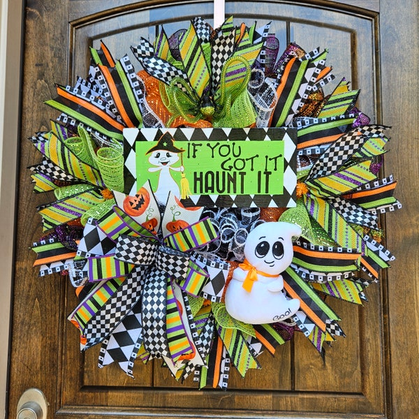 Halloween ghost themed wreath for front door, Whimsical Halloween wreath, fall wreath, Halloween decor, Cute ghost themed Halloween wreath