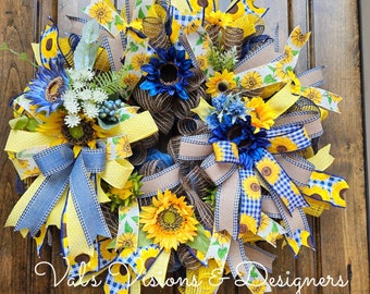 Sunflower deco mesh wreath for front door -  yellow and blue sunflowers -Fall Sunflower wreath - Year Round Sunflower decor - Summer Wreath