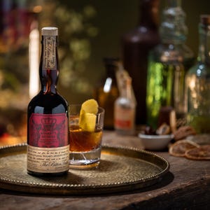 May include: A dark brown bottle of "Sogarth Bitters" with a red label and gold accents sits on a gold tray. A cocktail with a lemon peel garnish is next to the bottle. Other bottles and garnishes are in the background.