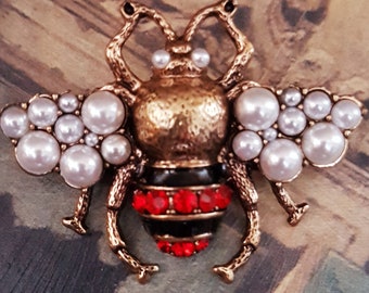 Bienen Brosche-- Antique-style Gold Bronze -Bee Brooch - Blue Red - Pearls