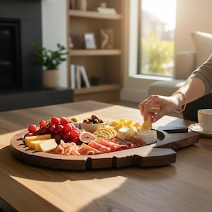 May include: A wooden charcuterie board laden with grapes, cheese, olives, and crackers. The board sits on a wooden table, with someone reaching for a snack. Two cups of coffee are also on the table.