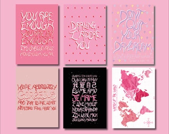 Pack of Six Feminist Self Love Postcards - A6 postcards multipack - pick-me-up postcard