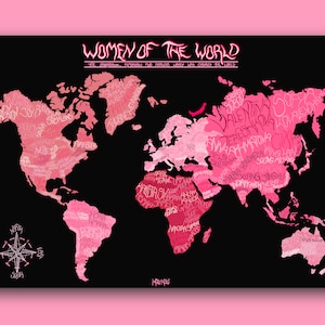 Women of the World - Incredible Women displayed on a map - Black and Pink - Feminist Illustration - A3 Art Print - Feminist Poster