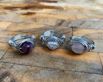 Anillo de plata con cristales y engaste de alambre, joyería con piedras preciosas, 30 piedras a elegir, hecho a mano