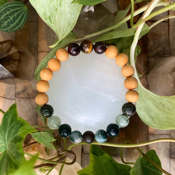 GREEN WITCH Crystal Bracelet, Tigers Eye, Prehnite, Serpentine, Agate, Meditation, Wrist Mala, Crystal Healing, Spiritual Jewelry, Healer