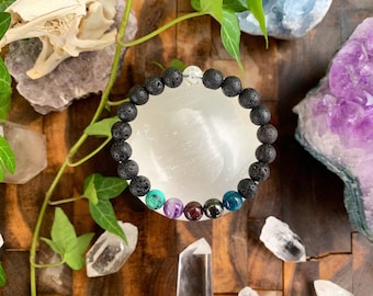 Wassermann Kristall Armband - Lavastein, Apatit, Amethyst, Sternzeichen Schmuck, Handgelenk Mala