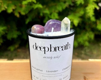 Anxiety Relief Soy Candle: Eucalyptus, Lavender, Amethyst Crystals