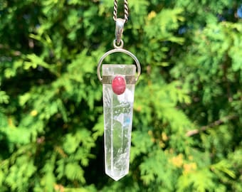 Colgante de plata de ley con cuarzo transparente: collar de cristal de turmalina rosa