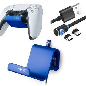 May include: A blue wall mount for a Playstation 5 controller, a blue charging stand for a Playstation 5 controller, and a magnetic charging cable with three different tips.