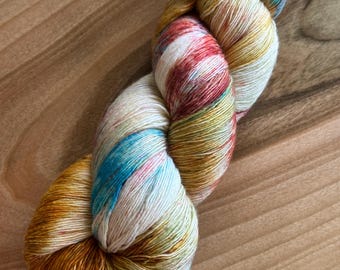 Lace weight single spun hand dyed yarn. the tag is missing but I believe it’s Manos Marina.