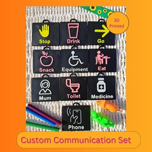 Aangepaste communicatietags - Autisme en non-verbale sleutelhanger, PECS-alternatief, sensorisch hulpmiddel, gepersonaliseerde tags, zwarte communicatieset