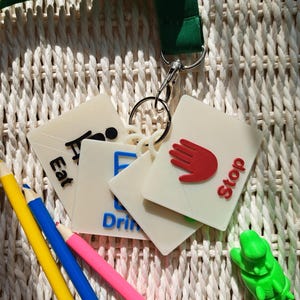 Communicatiesleutelhanger autisme, 3D-geprinte PECS-tags voor non-verbale kinderen, Visueel hulpmiddel, Ondersteuning zintuiglijke spraak, Gaan, stoppen, eten, drinken