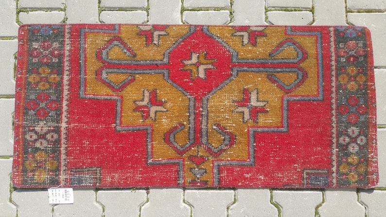2x4 RED Turkish rug,Vintage Rug,Oushak small rug,Handmade rug 55x121=66 cm SKU:4055 21x47 inches 1/'8x3/'9 feet Doormat rug