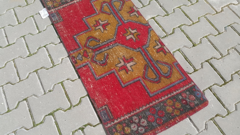 2x4 RED Turkish rug,Vintage Rug,Oushak small rug,Handmade rug 55x121=66 cm SKU:4055 21x47 inches 1/'8x3/'9 feet Doormat rug
