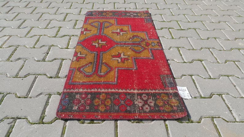 2x4 RED Turkish rug,Vintage Rug,Oushak small rug,Handmade rug 55x121=66 cm SKU:4055 21x47 inches 1/'8x3/'9 feet Doormat rug