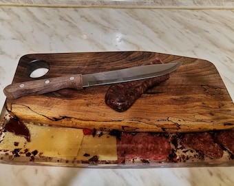 Handmade Walnut Serving Board with Epoxy Resin and Embedded Charcut