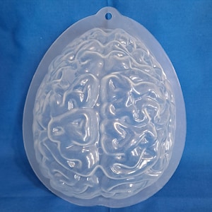 May include: A clear, plastic brain-shaped mold with a hanging loop at the top. The mold is designed to replicate the intricate folds and fissures of a human brain. The overall shape is oval, and the material is translucent.