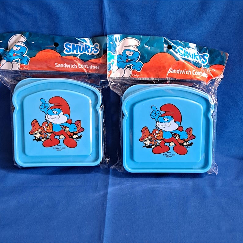 Set 2 THE SMURFS Sandwich Holders Papa Kids lunch box bread Container Snack Pak image 1