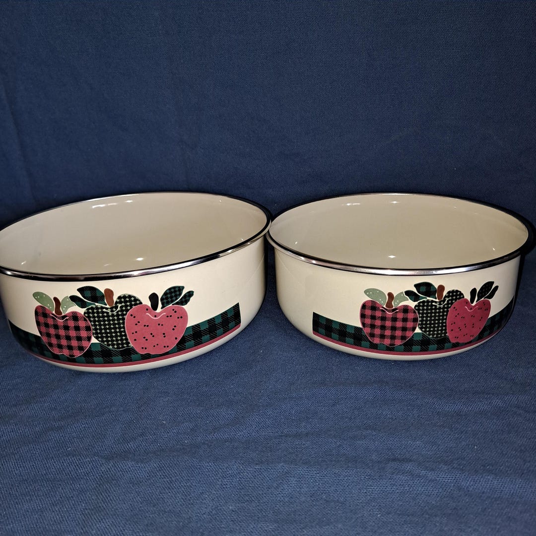 Inleman Lot 2 Vintage INGLEMAN DESIGNS Metal BOWLS Enamel Nesting Dishes Apples ...