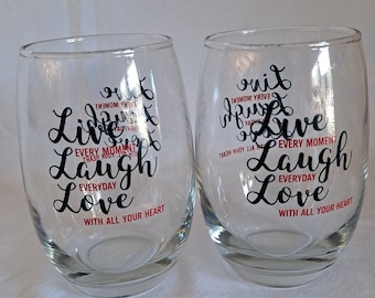 Set 2 Cristar LIVE LAUGH LOVE Stemless Wine Glasses Drinking 15.5 Oz Tumbler