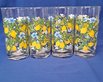 Lot 4 Royal Norfolk LEMON Floral GLASSES Fruit Juice Citrus Tumblers 16 oz