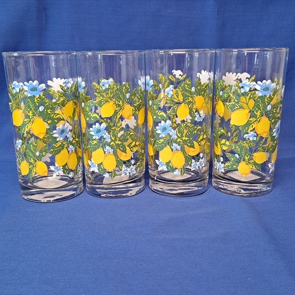 Lot 4 Royal Norfolk LEMON Floral GLASSES Fruit Juice Citrus Tumblers 16 oz