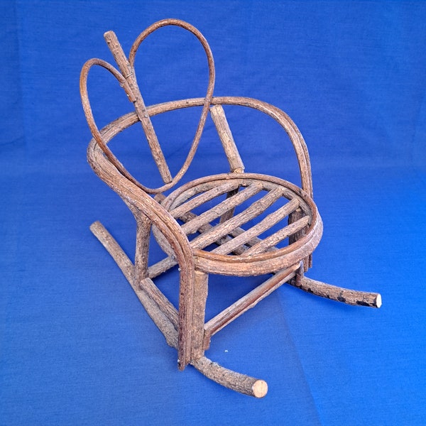 Vintage Wood Bent TWIG DOLL Rocking CHAIR 8 1/2" Stick Furniture Heart Back Bear