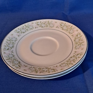 Puede incluir: Un platillo blanco con un patrón floral verde y blanco. El platillo tiene un borde elevado y una pequeña hendidura en el centro.