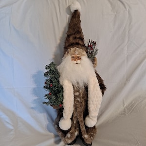 Faux Fur Coat Old World SANTA CLAUS 21" TALL Christmas Standing Burlap Sack Tree Figurine