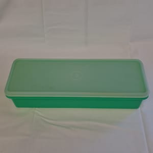 May include: A green rectangular plastic container with a lid. The container is empty.
