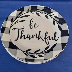 Royal Norfolk &#39;Be Thankful&#39; 4 SALAD PLATES 8&quot; Bread Butter Dinner Dessert Buffalo Plaid Black White