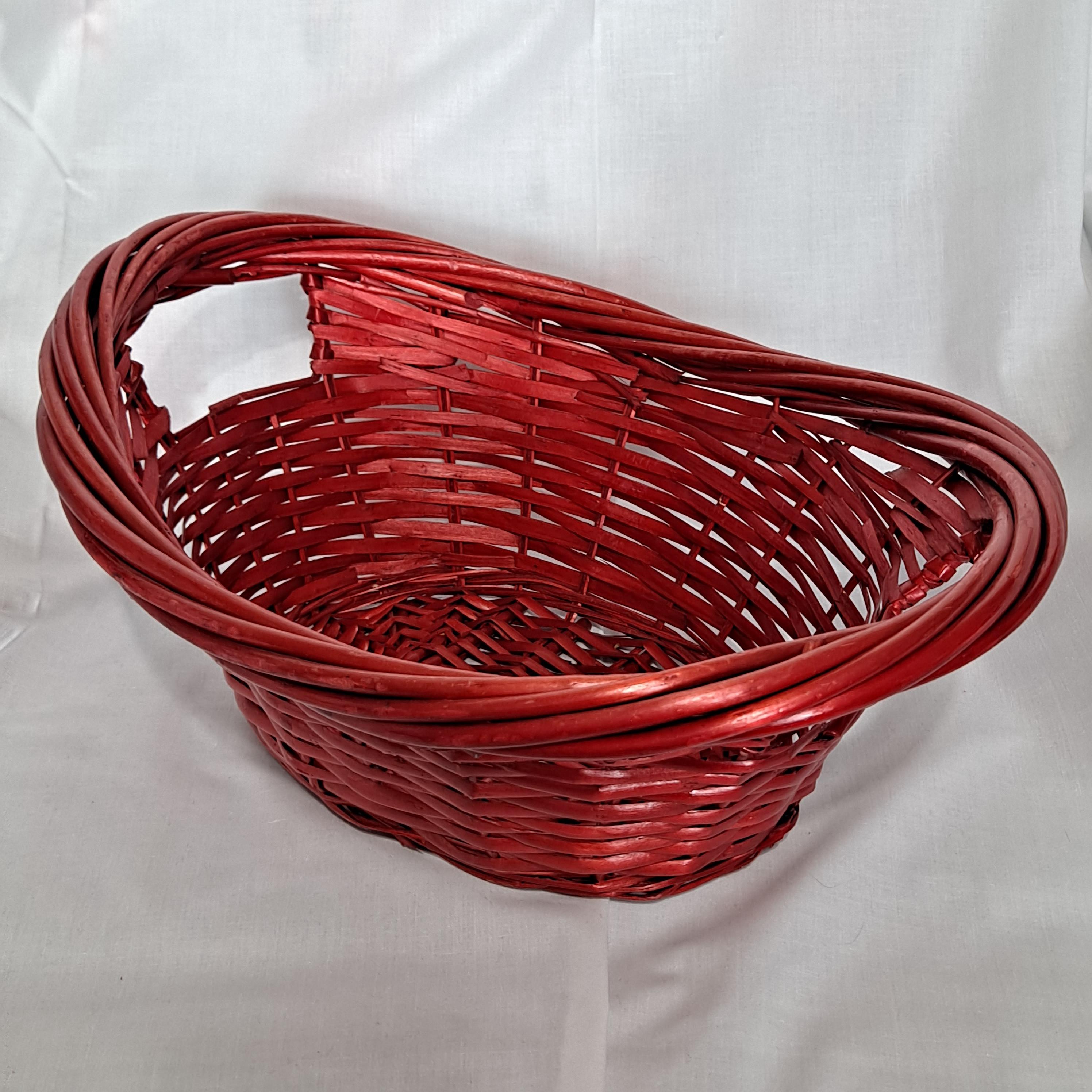 Vintage Red Wicker SMALL LAUNDRY BASKET Handled Oval Clothes