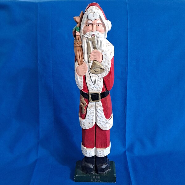 Figura navideña vintage de Papá Noel de madera tallada de Mercuries, 1994, 39,4 cm de alto, pintada a mano con lápiz.