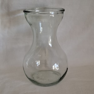 May include: A clear glass vase with a wide mouth and a narrow neck. The vase has a rounded bottom and a slightly flared lip.