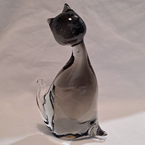 Vintage Hand Made MURANO Smokey Art GLASS CAT Gray Black paperweight Kitty Figurine 5 3/4&quot;Italy