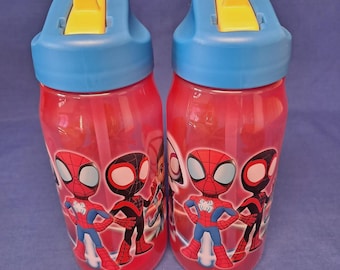 Marvel Spiderman 16oz Water Bottle Set - 6-Pack Kids Refillable Cups With Straws, Stickers & Door Hanger