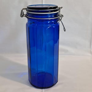 Vintage COBALT BLUE 10" Tall Glass CANISTER Wire Locking Lid 12 Panel Jar